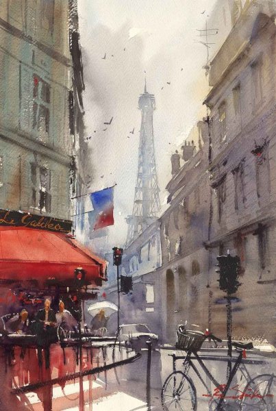 Акварель пейзаж скетч Париж