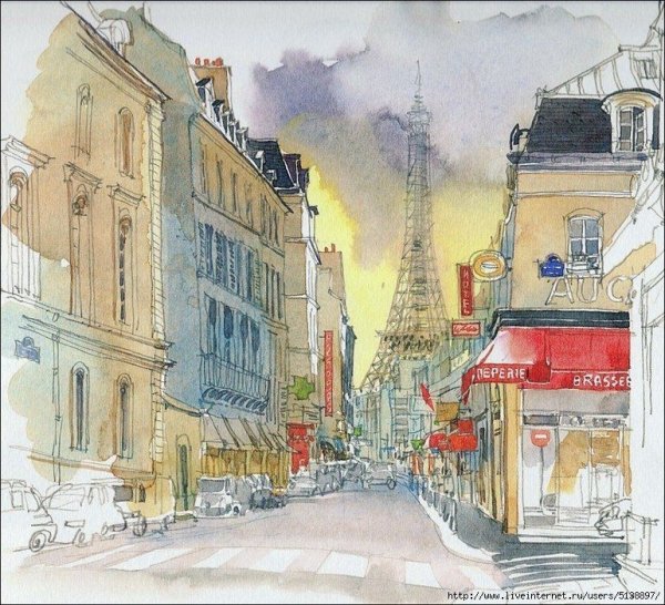 Эйфелева башня скетч акварель