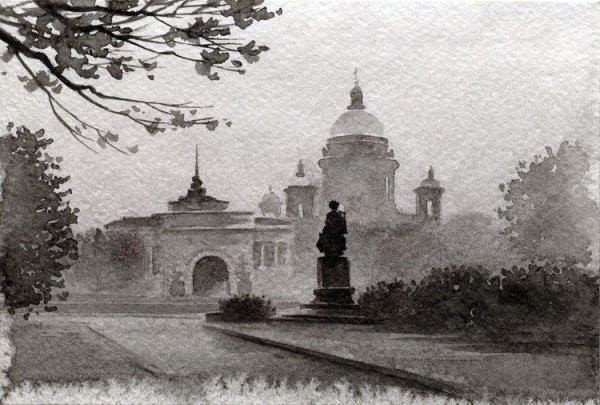 Пейзаж город гризайль акварель