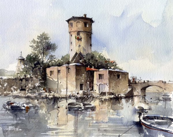 Гризайль акварелью городской пейзаж