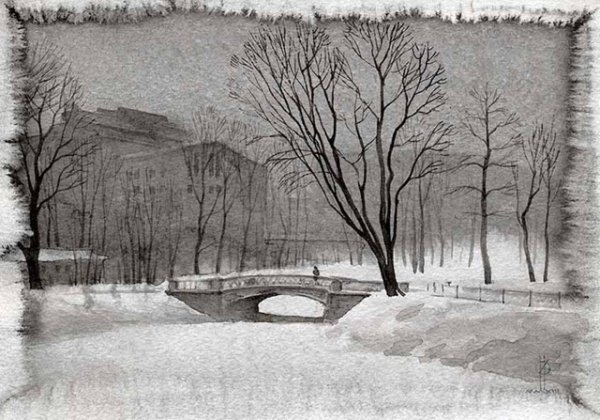 Пейзаж на тонированной бумаге