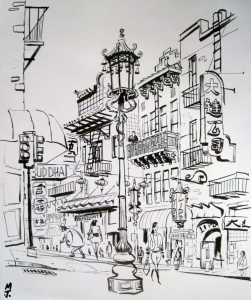 Линогравюра городской пейзаж