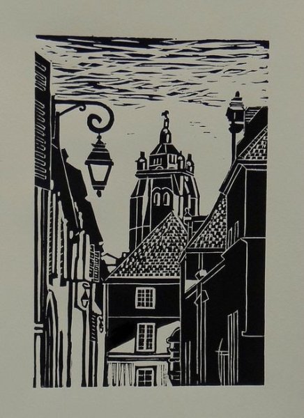 Линогравюра городской пейзаж