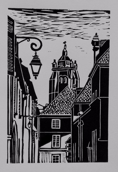 Линогравюра городской пейзаж