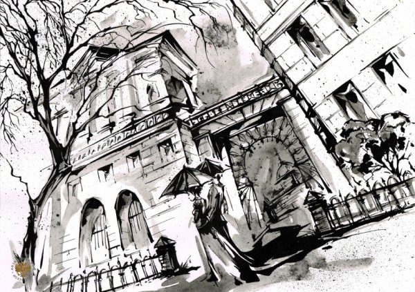 Архитектурный пейзаж тушью