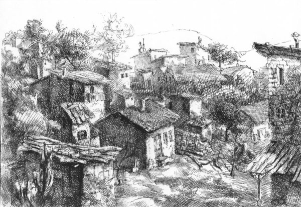 Сельский пейзаж тушь перо