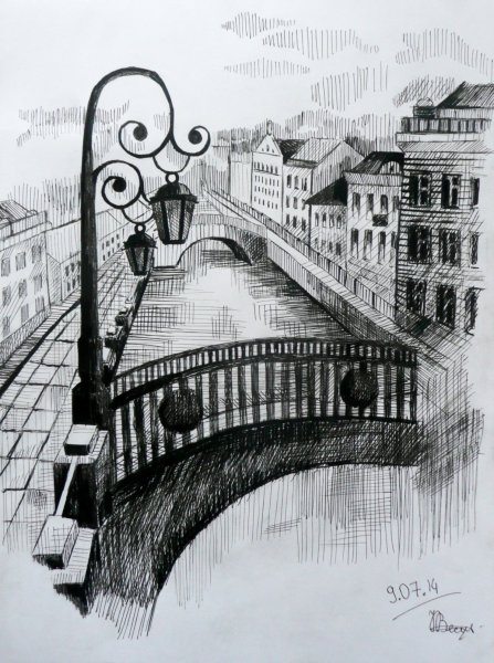 Графический пейзаж с фонарем мостом