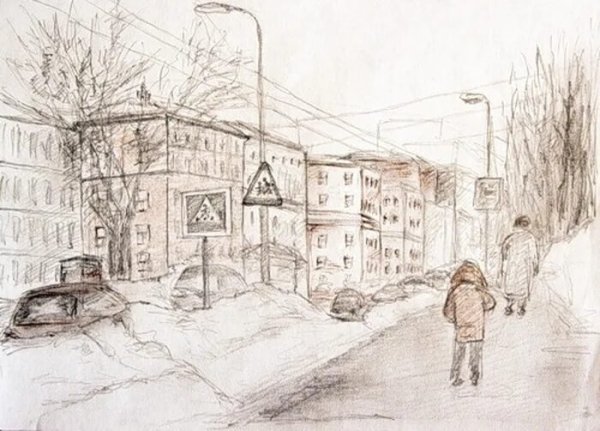 Городской пейзаж карандашом