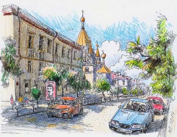 Городской пейзаж цветными карандашами