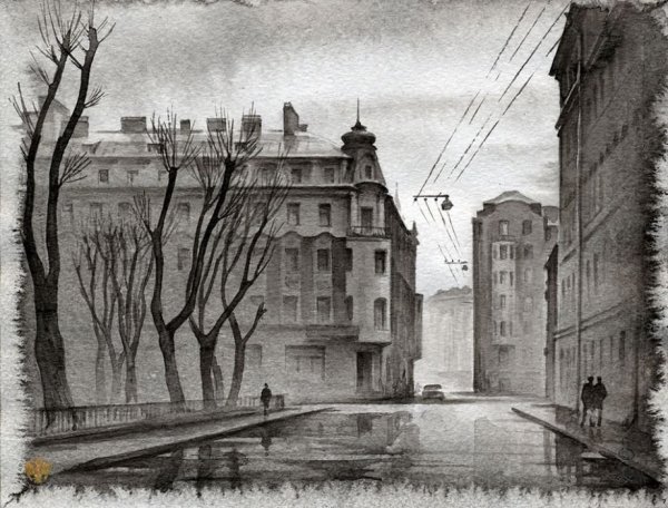 Пейзаж улицы карандашом
