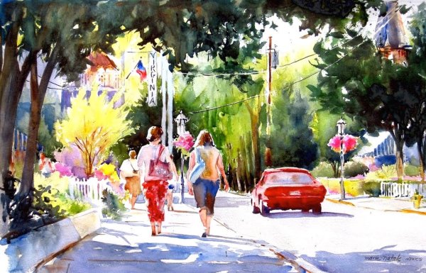 Дождливый пейзаж акварелью