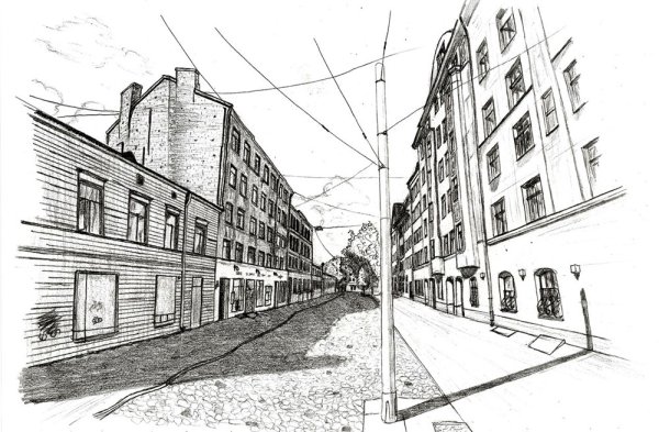 Зарисовка города линейная перспектива