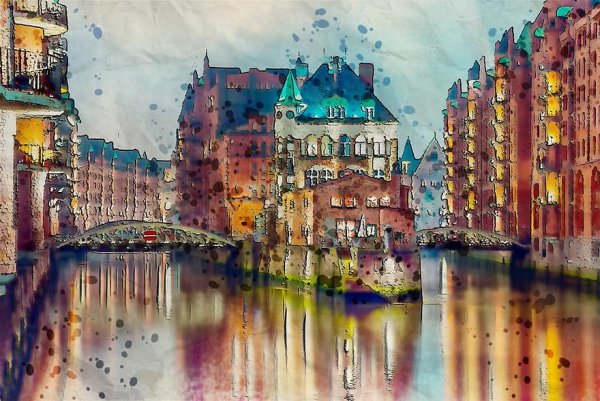 Город на воде акварель