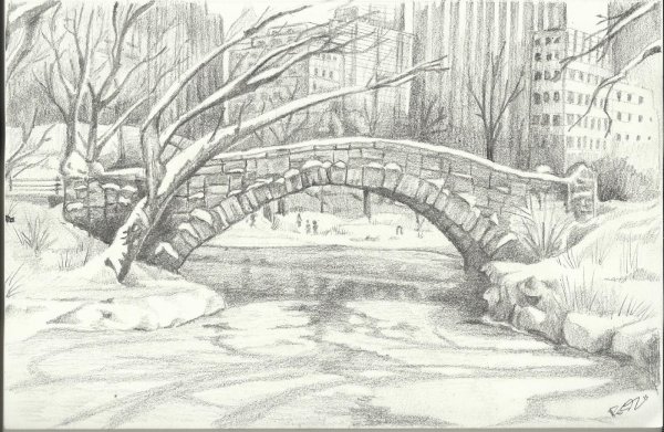 Пейзаж города карандашом