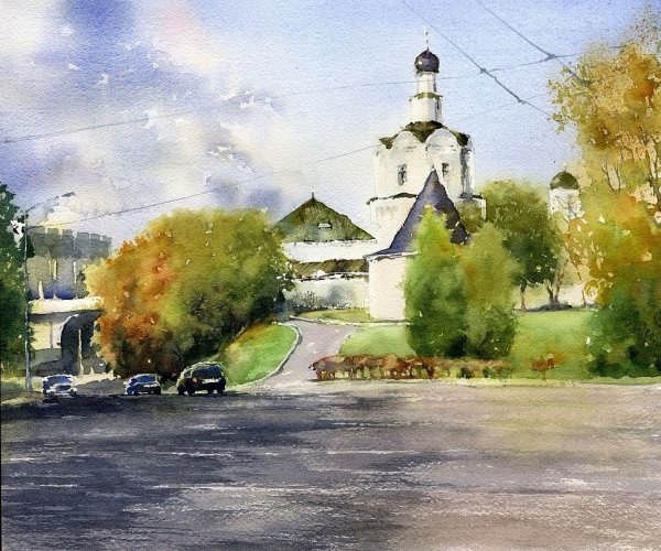 Деревенский пейзаж цветными карандашами