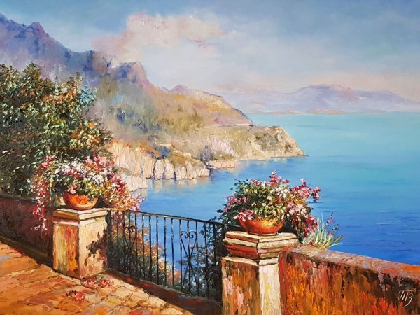 Морской пейзаж с городом живопись