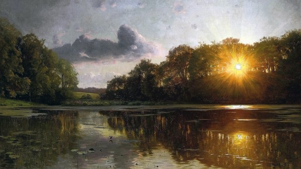 "Закат над озером", Петер мёнстед, датский живописец, 1895 год