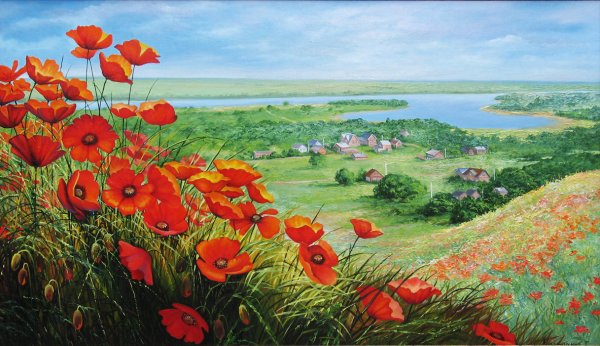 Поле с маками, подсолнухами