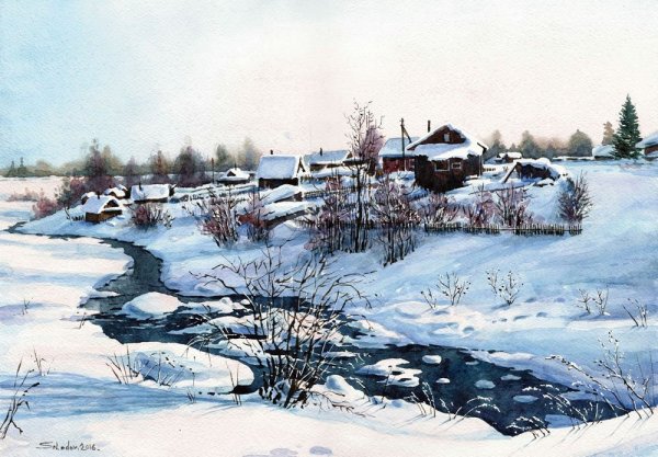 Зимние Деревенские пейзажи Воля художник