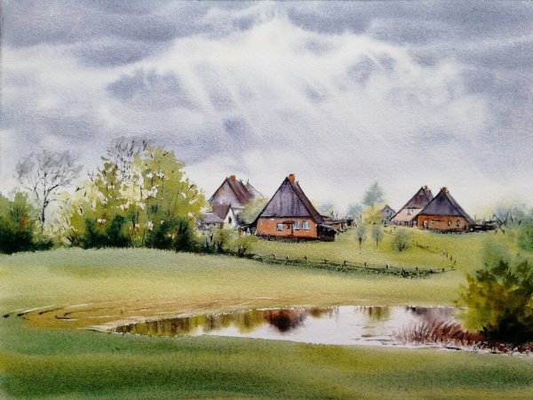Сельский пейзаж акварелью