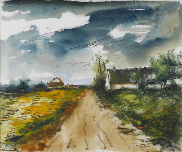 Деревенский пейзаж акварелью