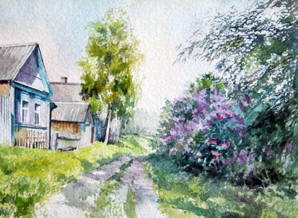 Этюд сельской улицы акварелью