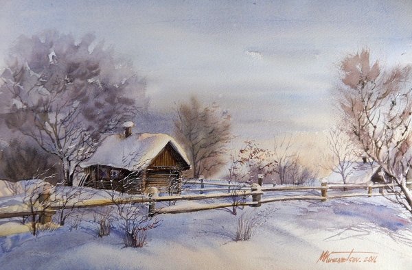 Сельский пейзаж акварелью