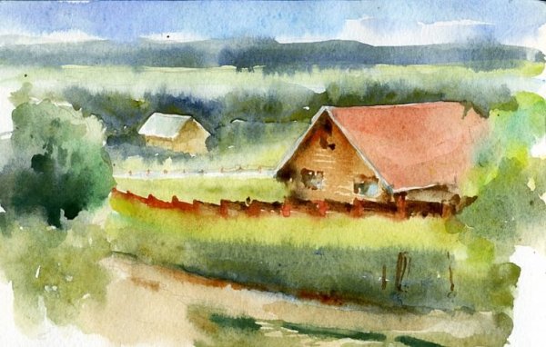 Акварель деревня Сербия