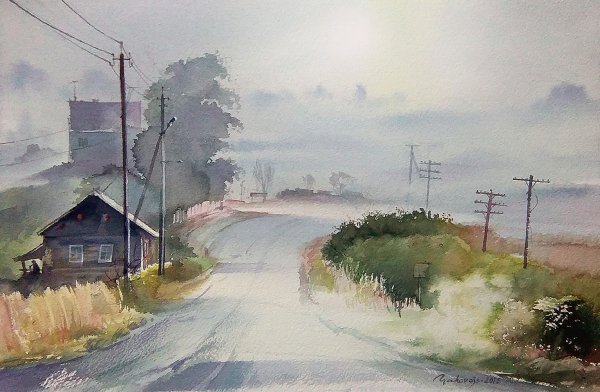 Акварель природа деревня