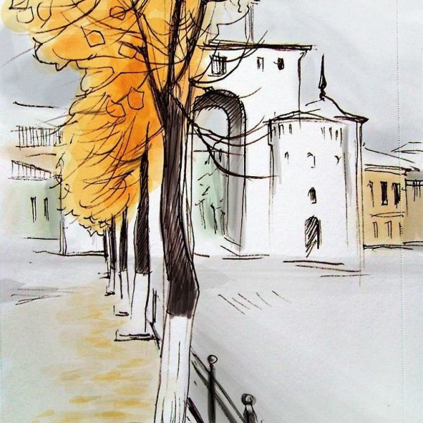 Акварельная Графика городской пейзаж