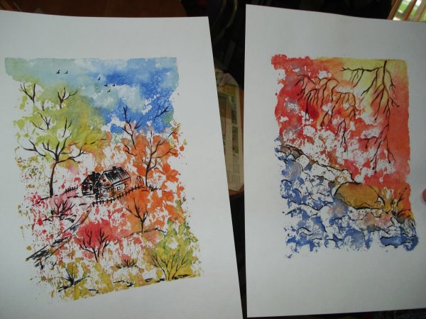 Монотипия Пейзажная осень