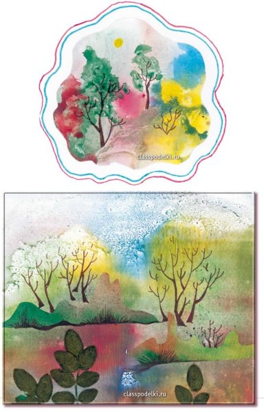 Монотипия Пейзажная осень отражение в воде