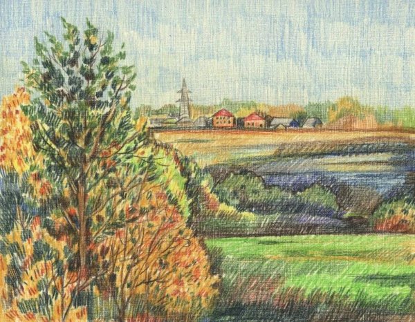 Пейзаж цветными карандашами для детей