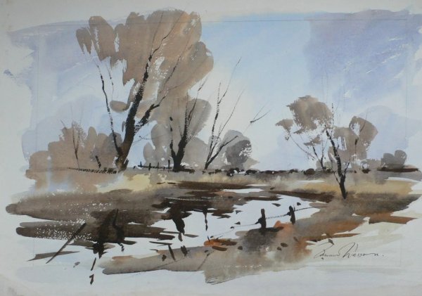 Монохромный пейзаж гуашью