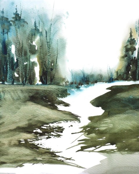 Пейзаж город гризайль акварель