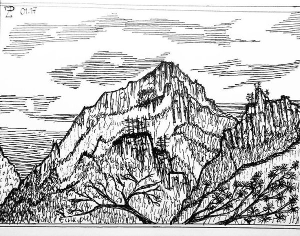 Горный пейзаж в графике