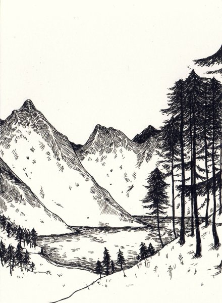 Горный пейзаж в графике
