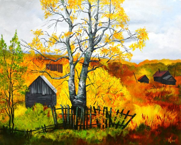 Сельский пейзаж красками осенний