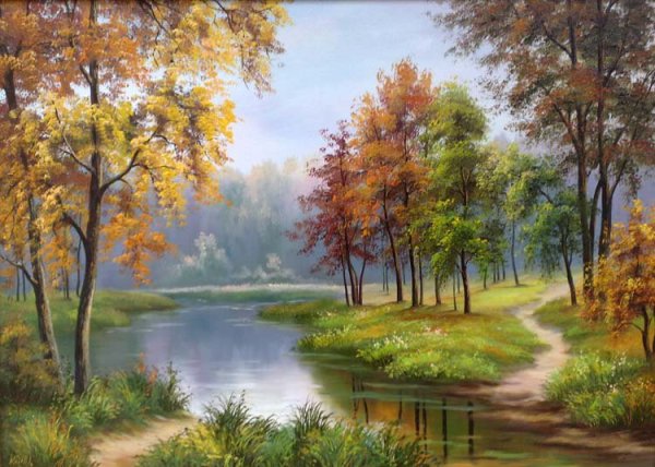 Живопись - красивый осенний пейзаж с рекой