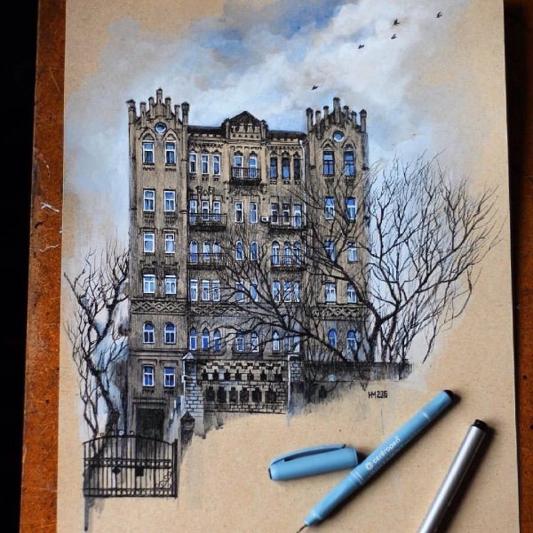 Зимний пейзаж спиртовыми маркерами