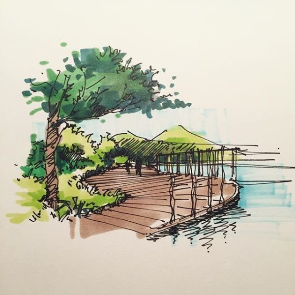 Зимний пейзаж скетч маркерами