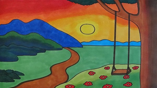 Рисунок очень легкий пейзаж фломастером маленький