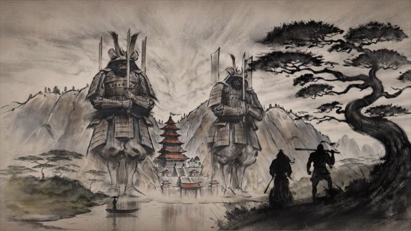 Японский пейзаж с самураем