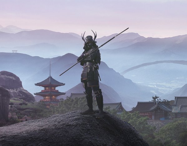Японский пейзаж с самураем