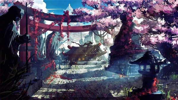 Японский пейзаж с самураем