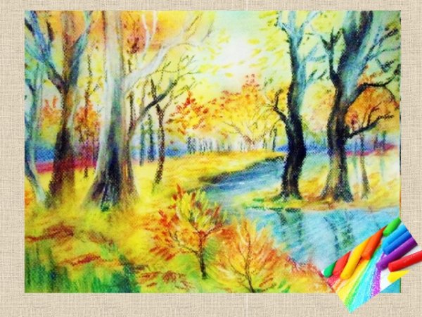 Осенний пейзаж цветными карандашами
