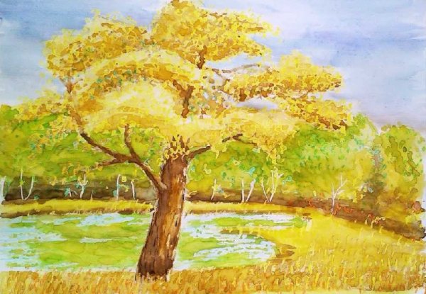 Осенний пейзаж цветными карандашами