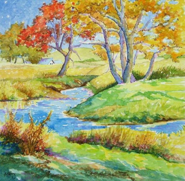 Пейзаж осени цветными карандашами