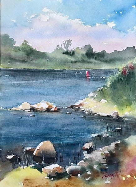 Речной пейзаж акварелью