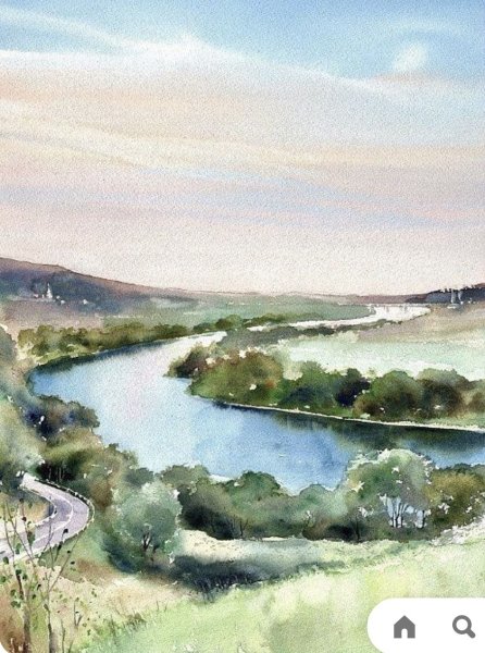 Пейзаж с речкой акварелью